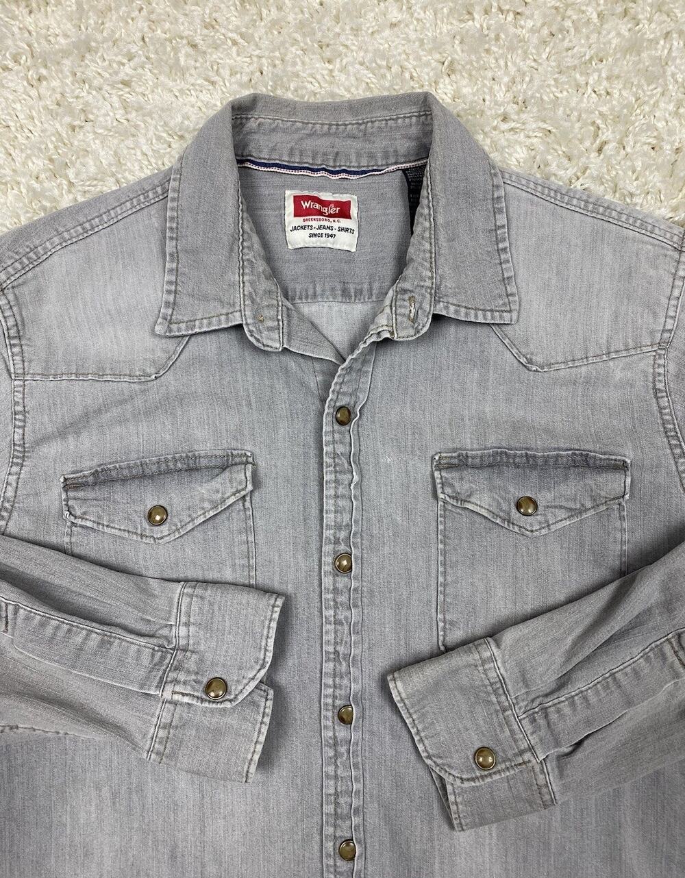 Wrangler Men's Western Snap Denim Shirt Sz L Gray Wash Snap Pockets Cowboy